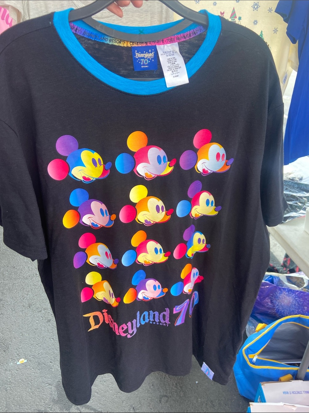 Disney Black Tee with Multicolor Pop Mickey Faces and Blue Neckline